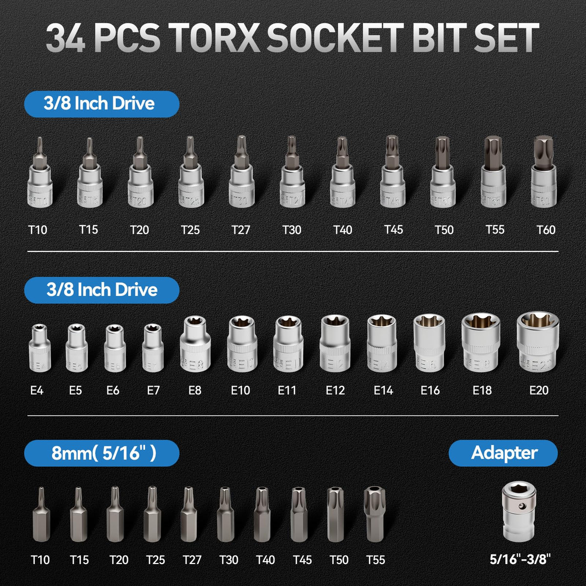 DISEN E-socket collection from E4 to E20 for versatile repairs.