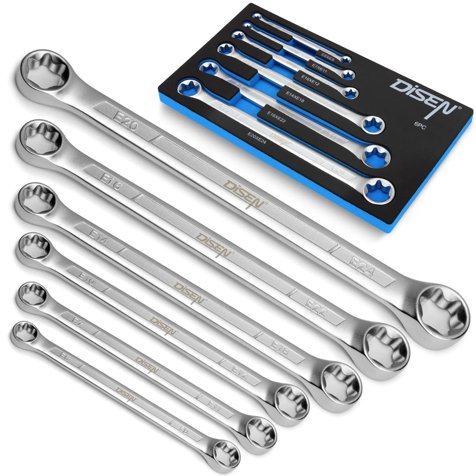 DISEN E-Torx wrench set packaging shown for easy storage and hanging display.