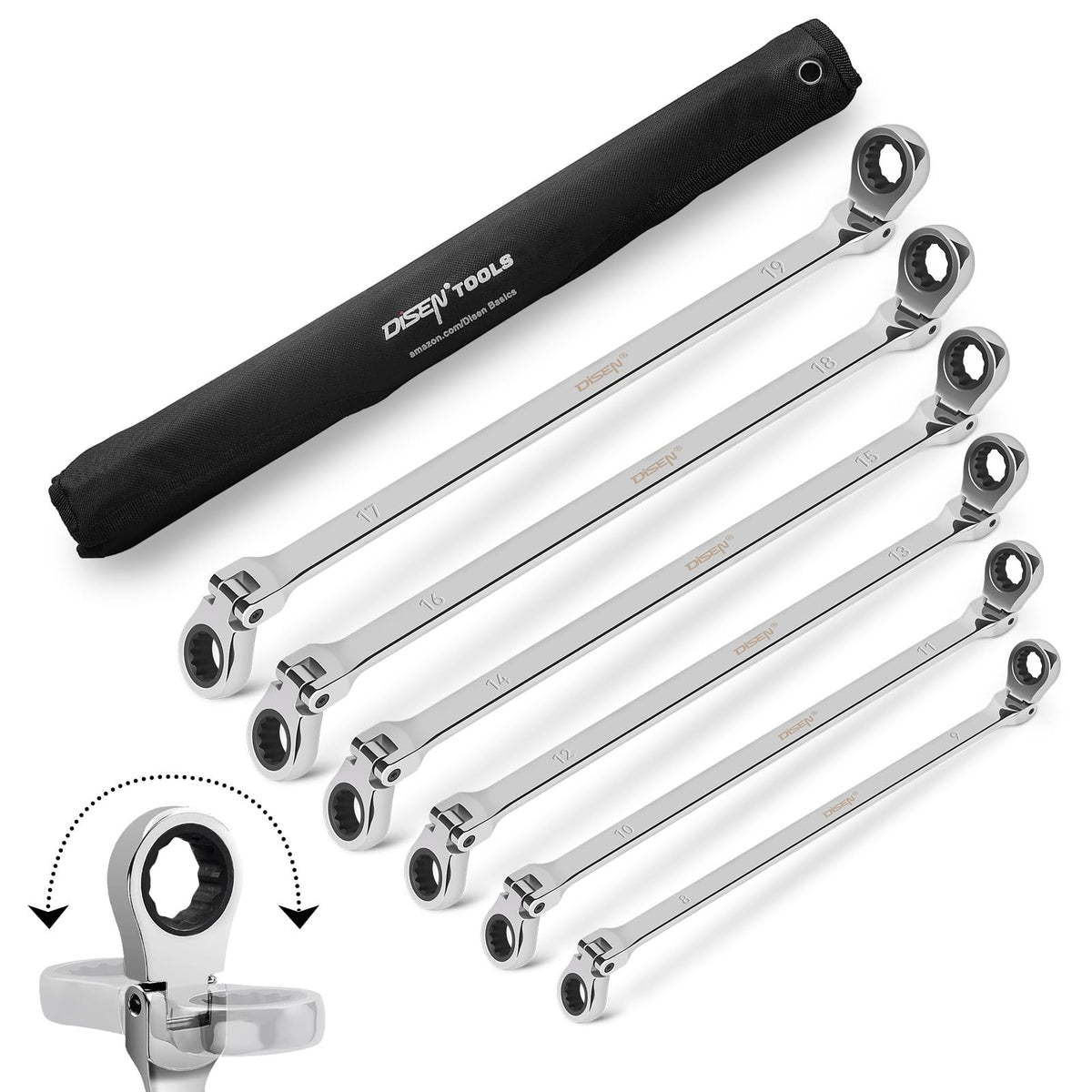 DISEN extra long flex head wrench set in use in a tight space.