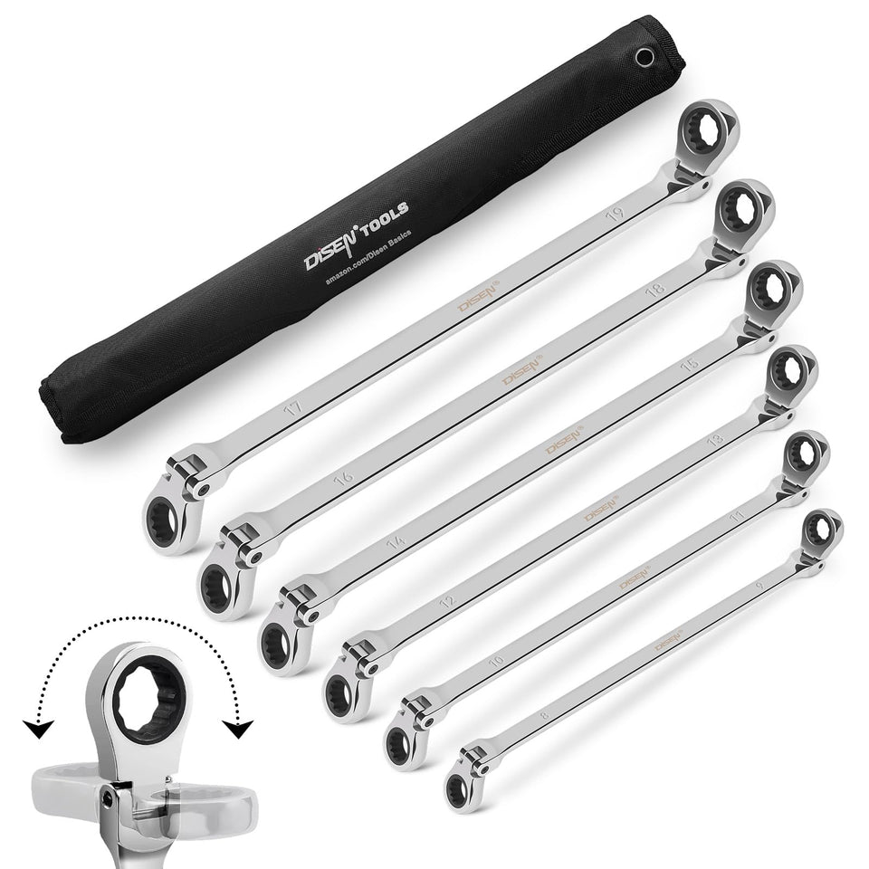 DISEN extra long flex head wrench set in use in a tight space.
