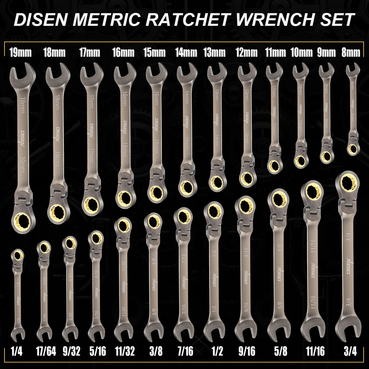 DISEN gold-finish ratcheting wrenches add style and comfort.