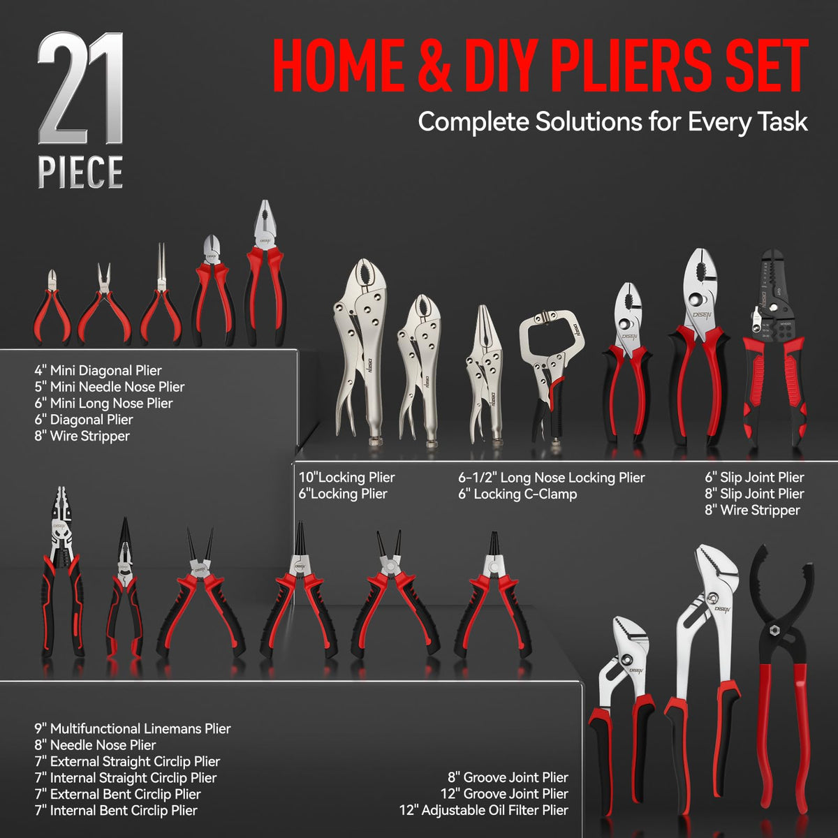 DISEN locking pliers in two sizes offer a secure grip for tasks.