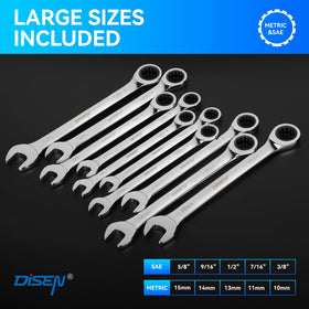 Metric and SAE wrenches show 10–15 mm and 3/8–5/8 in sizes