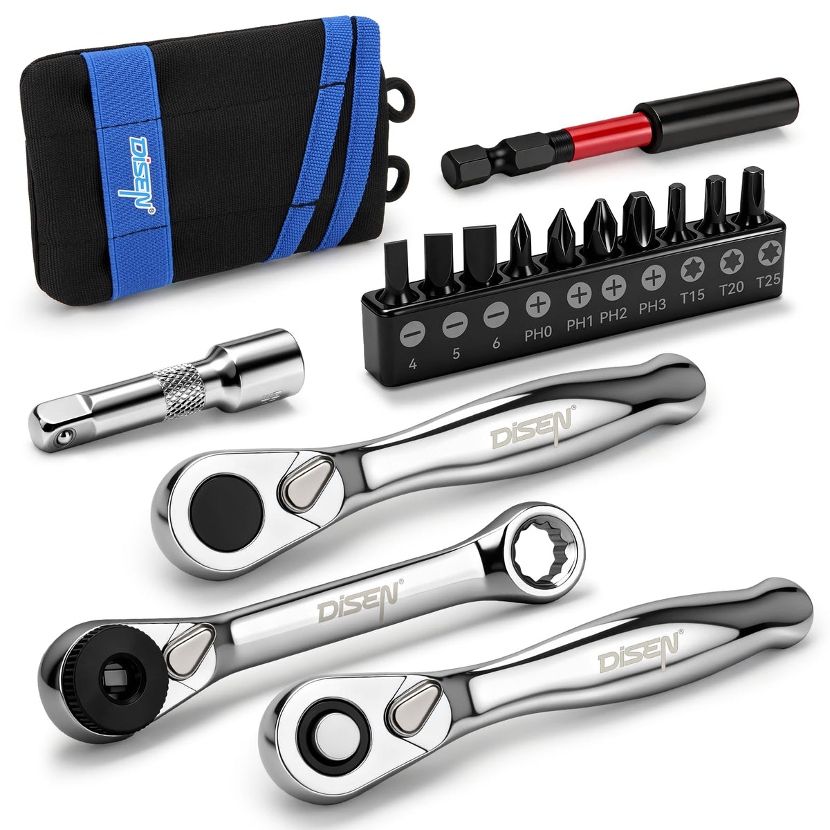 DISEN mini ratchet wrench set shows the compact 1/4-inch drive in a portable pouch.