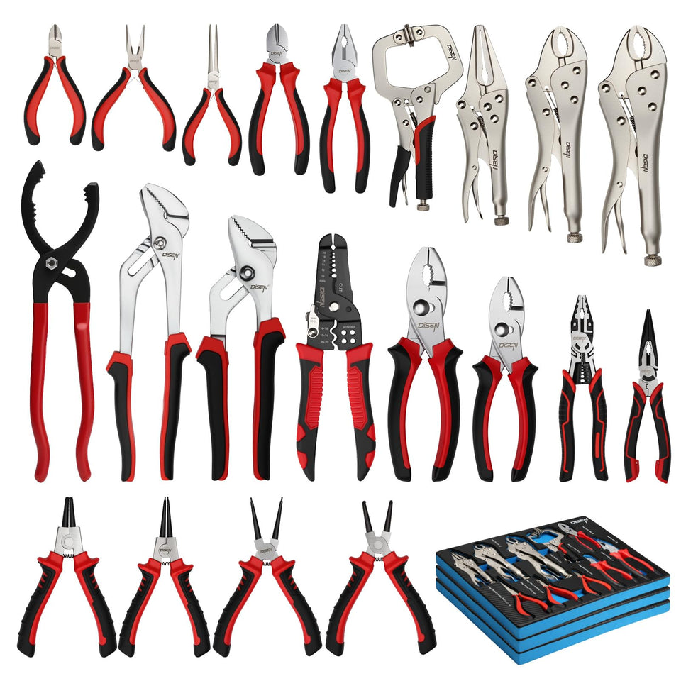 DISEN 21-piece pliers set neatly stored in an EVA tray for quick access.