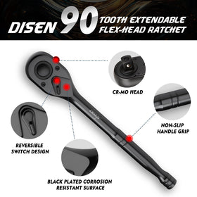 DISEN three-eighths-drive ratchet close-up highlighting tight-space access