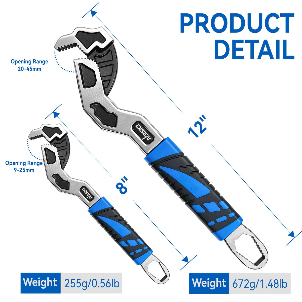 DISEN 12-inch self-adjusting wrench handles 20–45 mm for larger pipes and fittings.