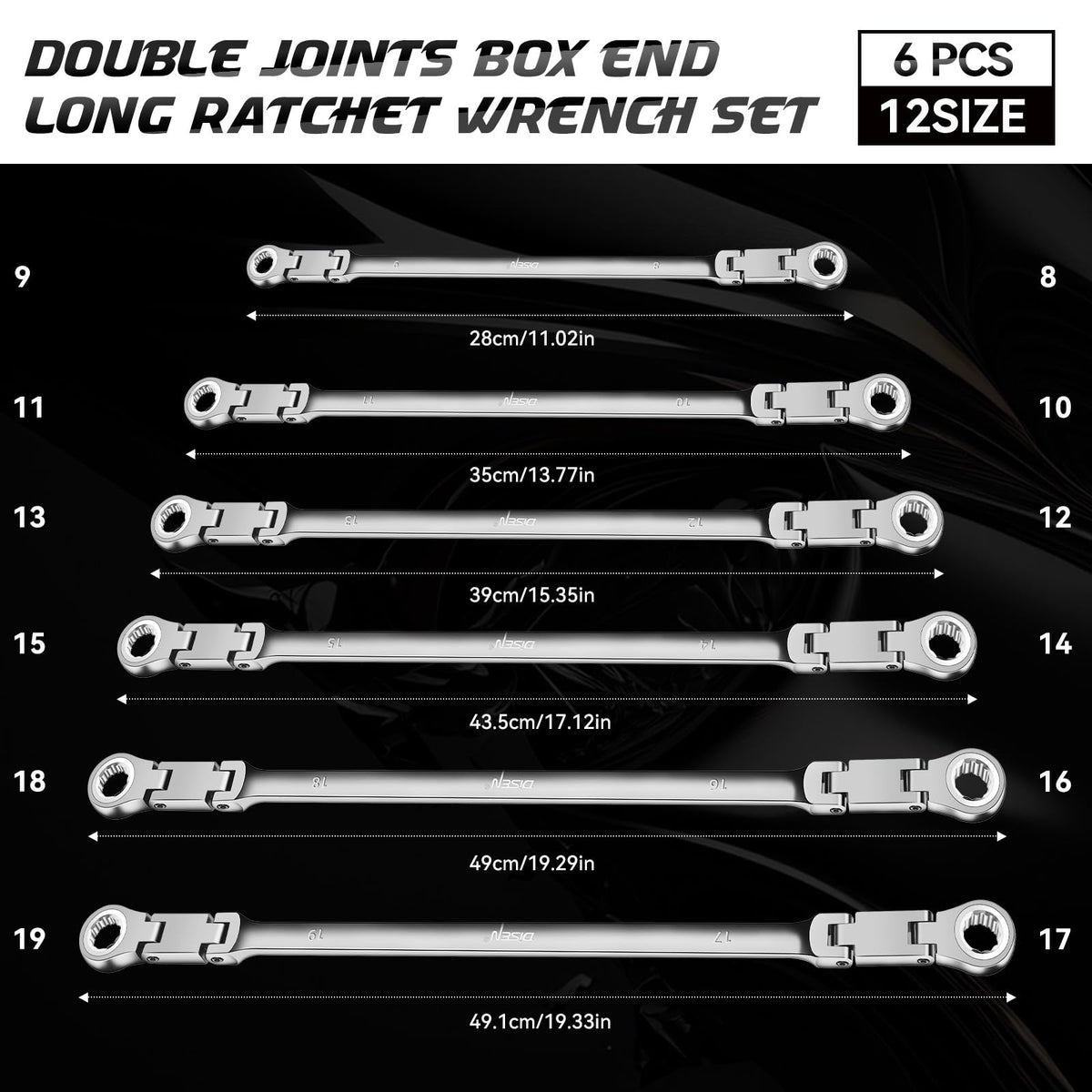 Six-piece double-ended wrench set covers 8–19 mm for versatile bolts.