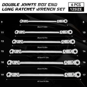 Six-piece double-ended wrench set covers 8–19 mm for versatile bolts.