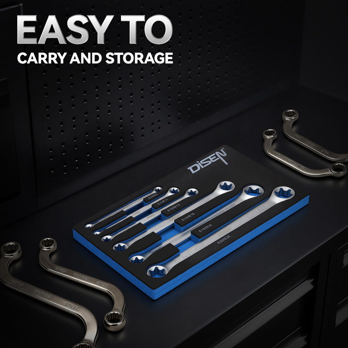 DISEN size-range E6 to E24 wrenches cover broad automotive repair tasks.