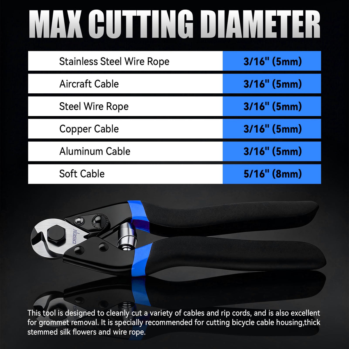 DISEN tool in use cutting stainless steel wire rope