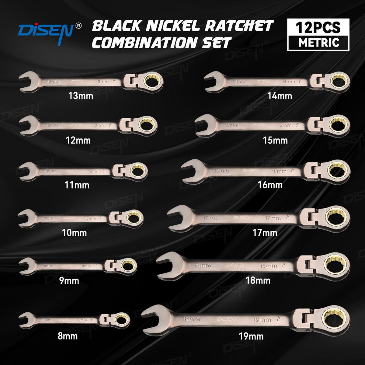 DISEN wrench set organized on a dedicated rack for portability