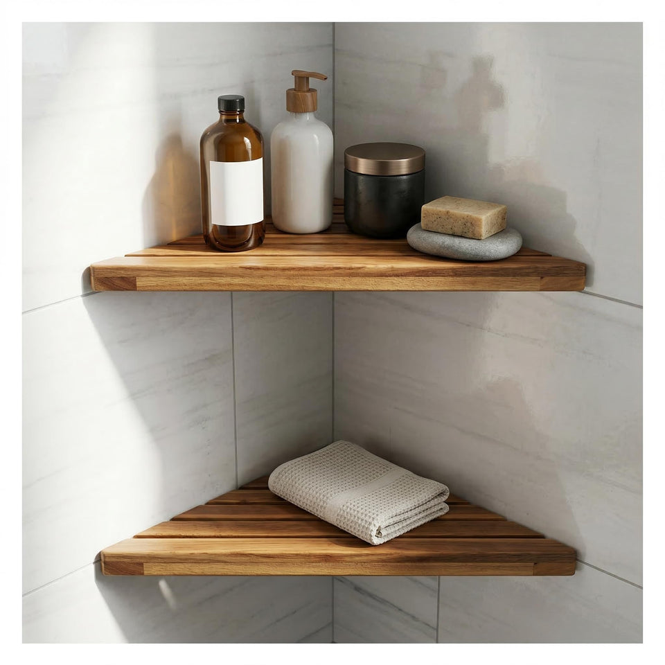 DITAVN wooden corner shelf fits in shower corner, adding extra storage.