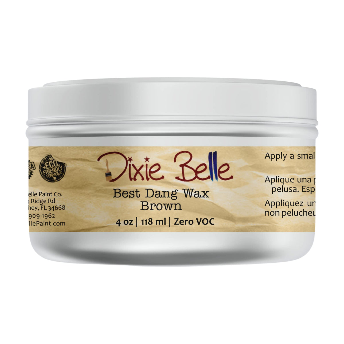 Dixie Belle Best Dang Wax Brown jar showing a smooth, protective coating for furniture.