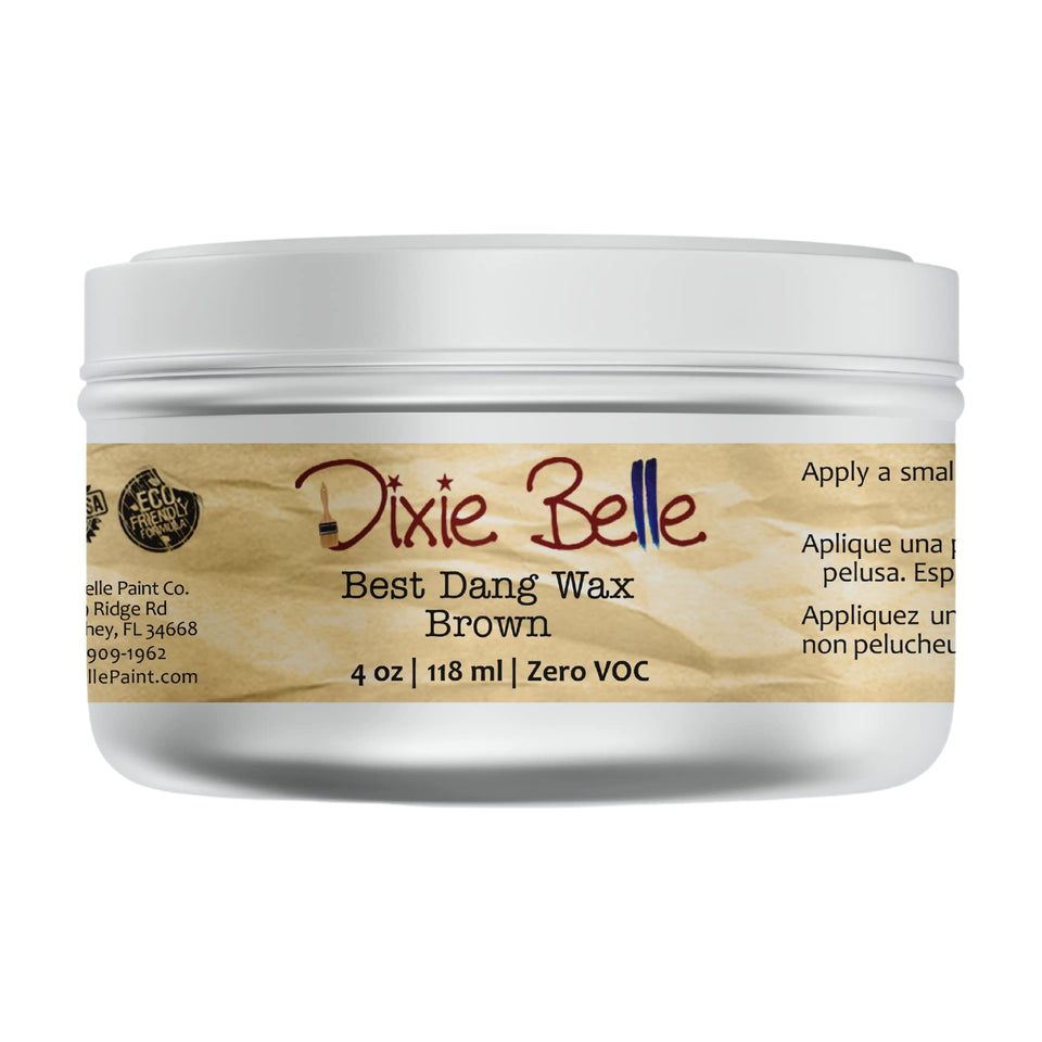 Dixie Belle Best Dang Wax Brown jar showing a smooth, protective coating for furniture.