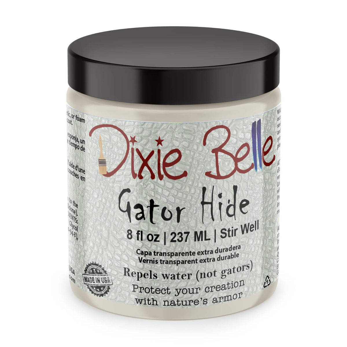Dixie Belle Gator Hide bottle closeup shows a durable topcoat for furniture