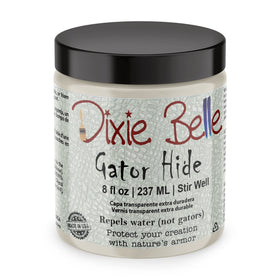 Dixie Belle Gator Hide bottle closeup shows a durable topcoat for furniture
