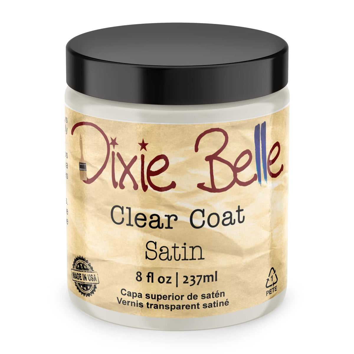 Dixie Belle Satin Clear Coat 8oz bottle for durable chalk-finish protection.