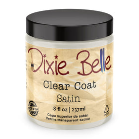 Dixie Belle Satin Clear Coat 8oz bottle for durable chalk-finish protection.