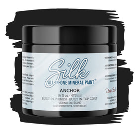 Dixie Belle Silk Anchor 16oz bottle showing all-in-one mineral paint for durable furniture finish.