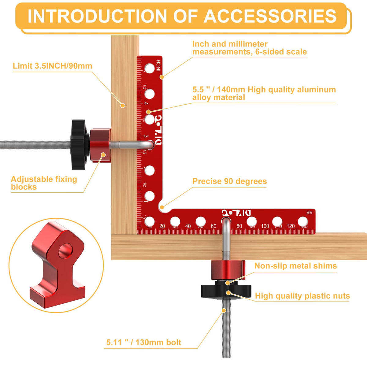 Diylog 5.5-inch woodworking clamps assist gluing, splicing, and accurate right angles.