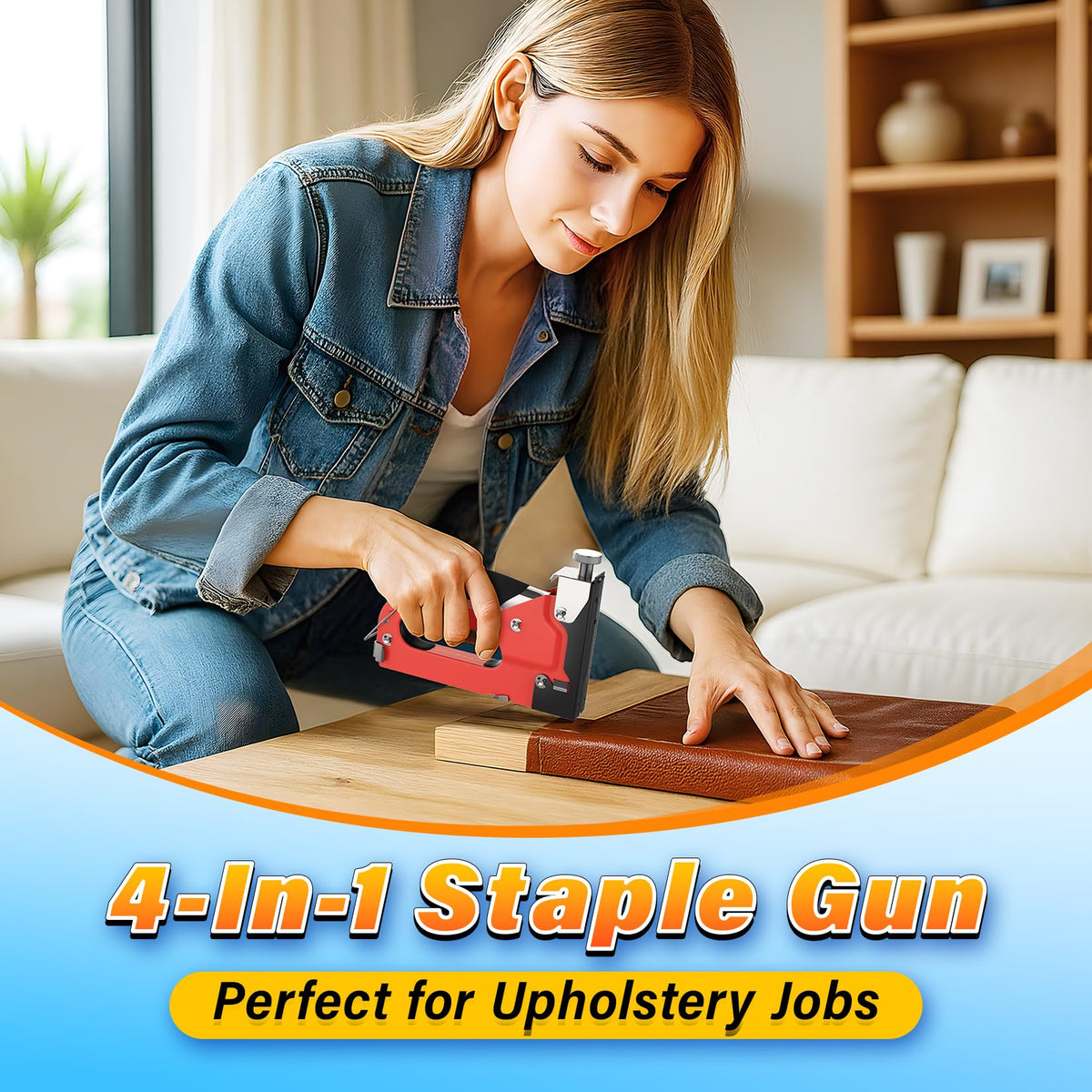 DIYSELF 4-in-1 upholstery stapler showing adjustable drive for soft fabrics.