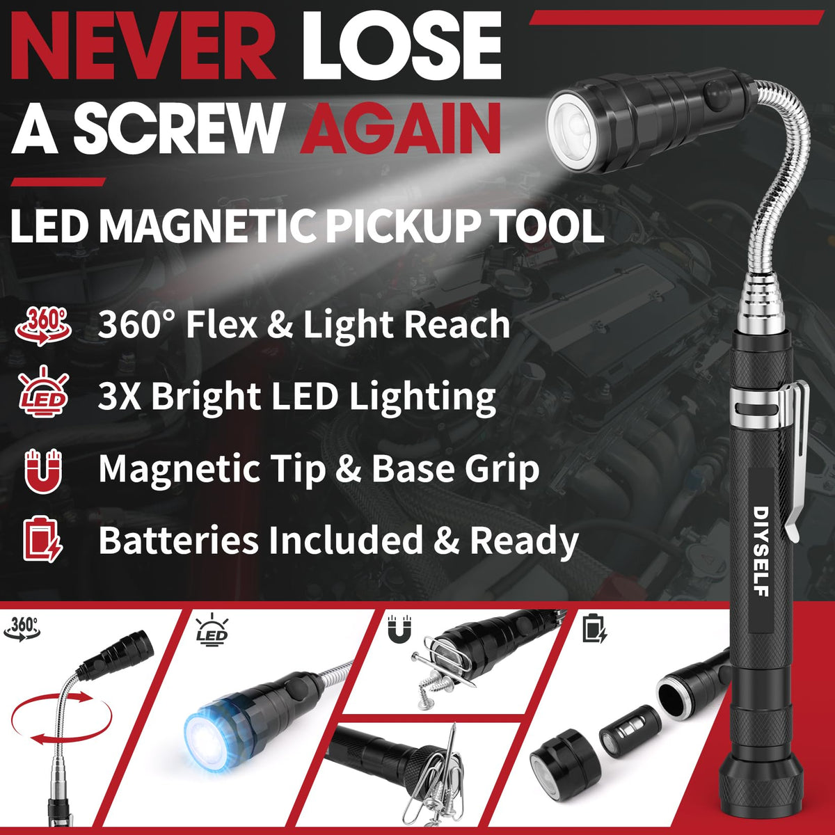 DIYSELF built-in LED light enhances visibility during searches