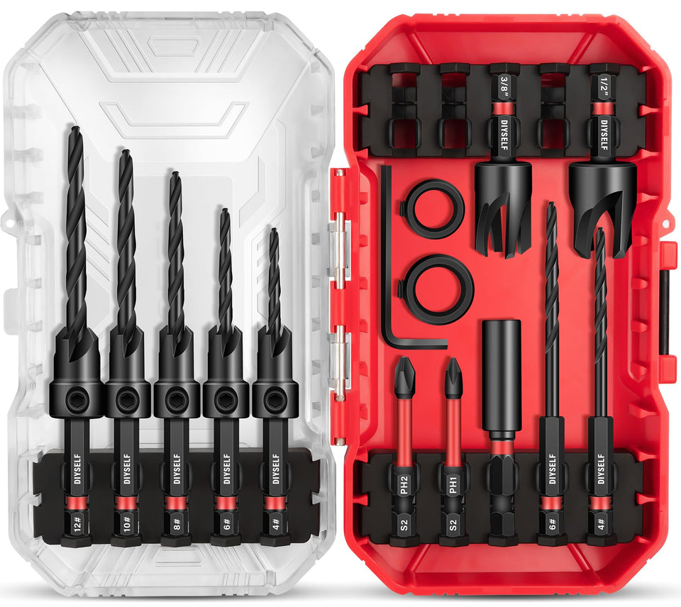 DIYSELF countersink set 15pc with organized storage case for precise woodworking