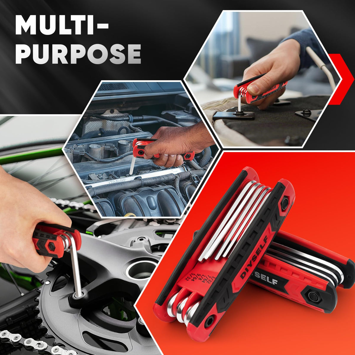 DIYSELF secure folding design keeps hex keys organized and easy to grab