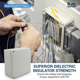 DJC Supply weatherproof junction box side view showing compact durable exterior