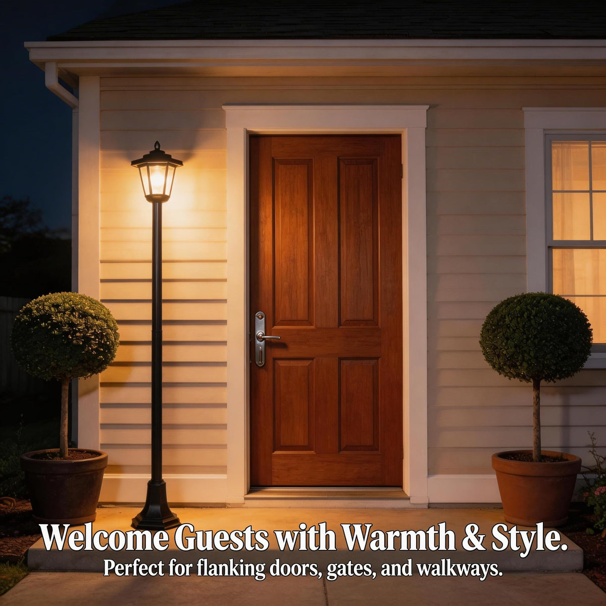 DJGIFI solar lamp post by the front door offers welcoming evening glow.