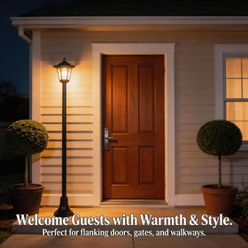 DJGIFI solar lamp post by the front door offers welcoming evening glow.