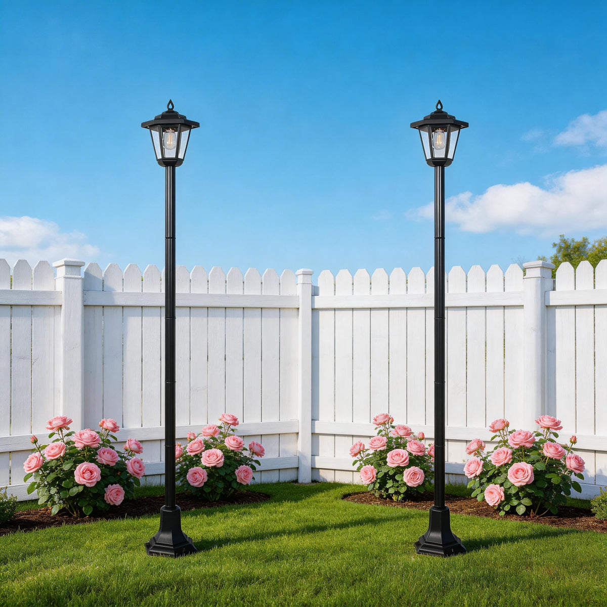 DJGIFI 61-inch solar lamp post provides waterproof garden lighting after dusk.