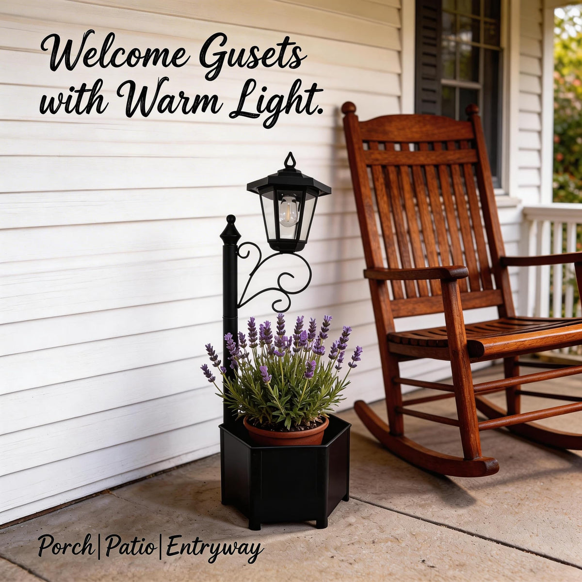 DJGIFI planter-integrated lamp post supports flowers and greenery beside doors.