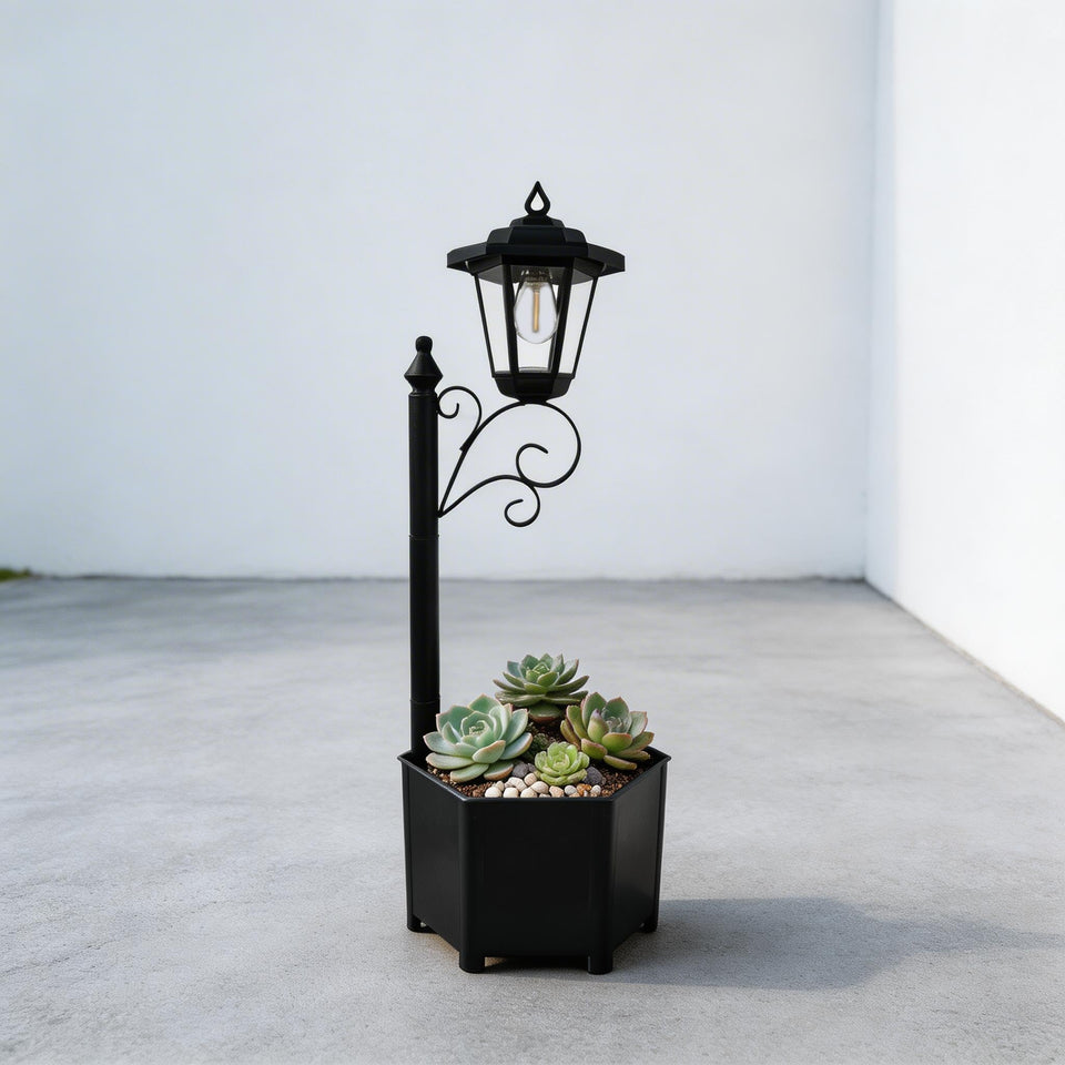 DJGIFI solar floor lamp with planter 2-in-1 brightens outdoor pathways sustainably.