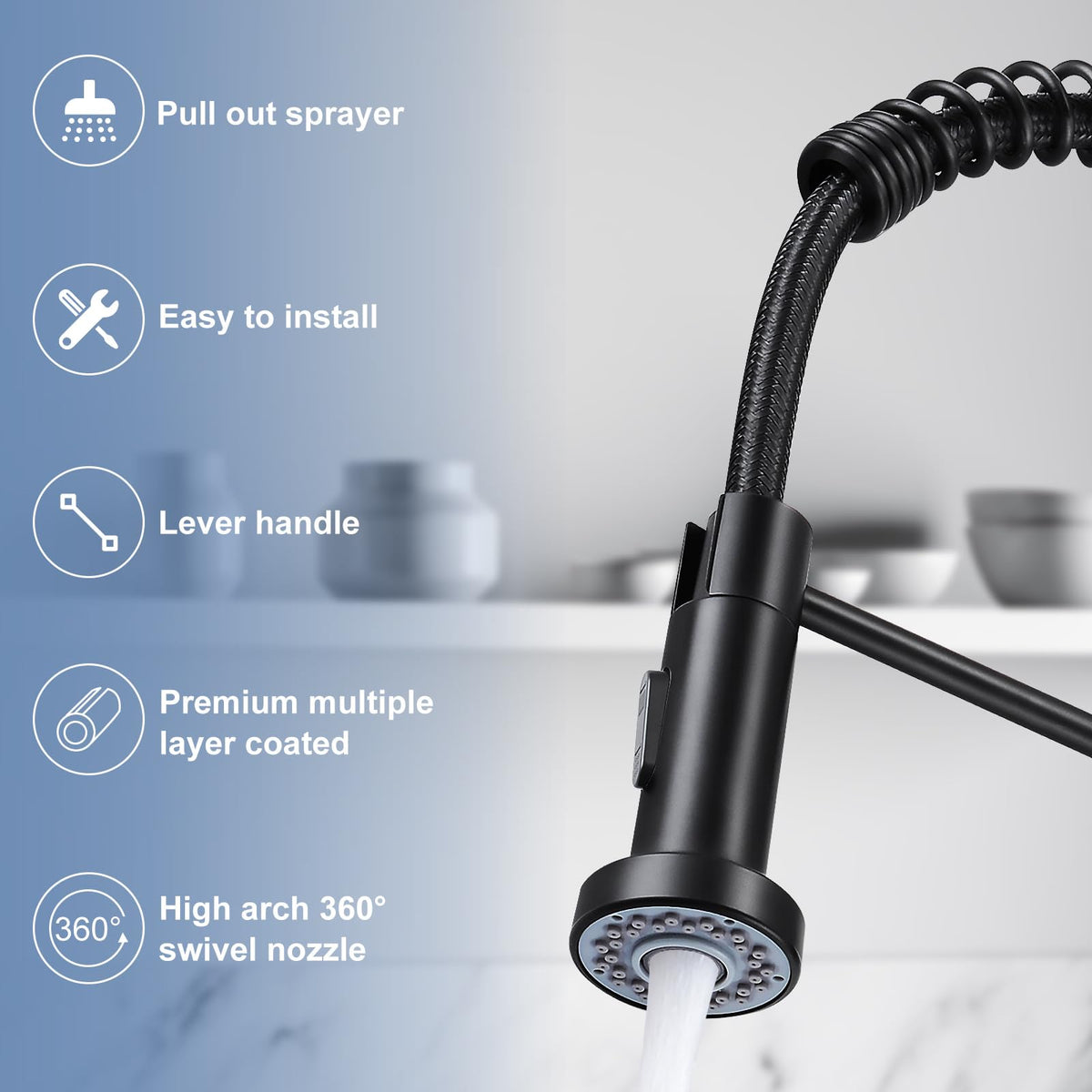 DJS high-arc swivel spout provides full sink coverage for large tasks.