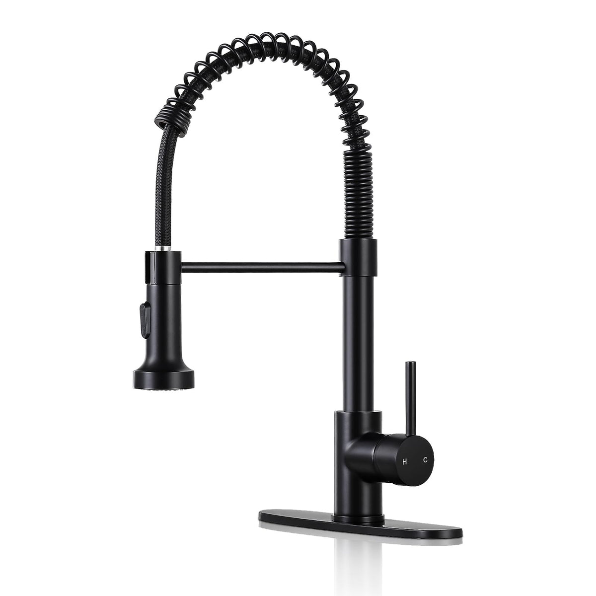 DJS matte black pull-down sprayer faucet enables versatile cleaning tasks.