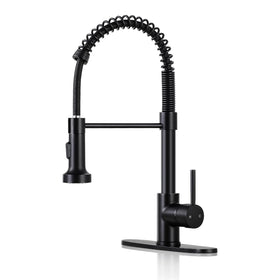 DJS matte black pull-down sprayer faucet enables versatile cleaning tasks.