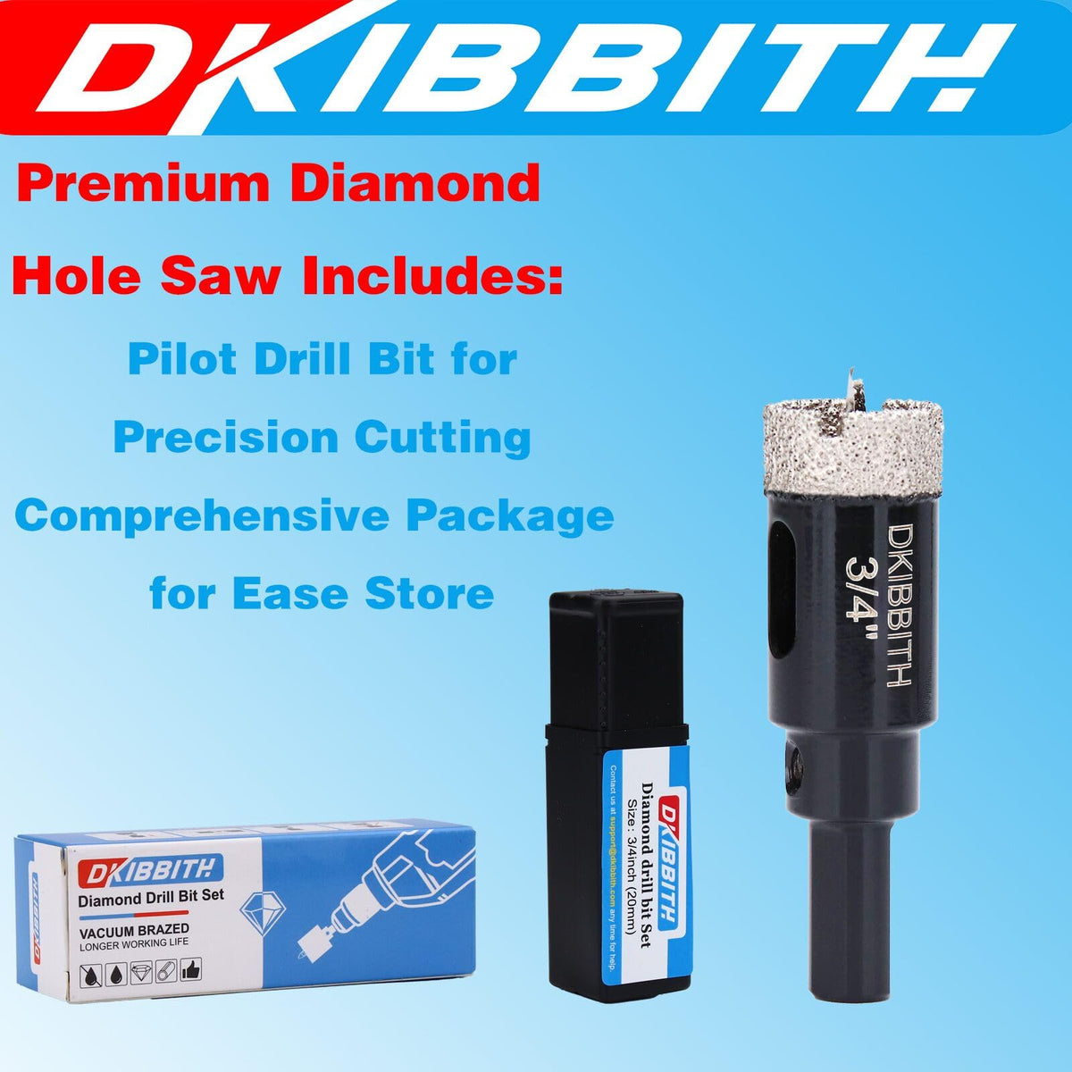 DKIBBITH quick-start guide shows pilot removal and accurate hole cutting