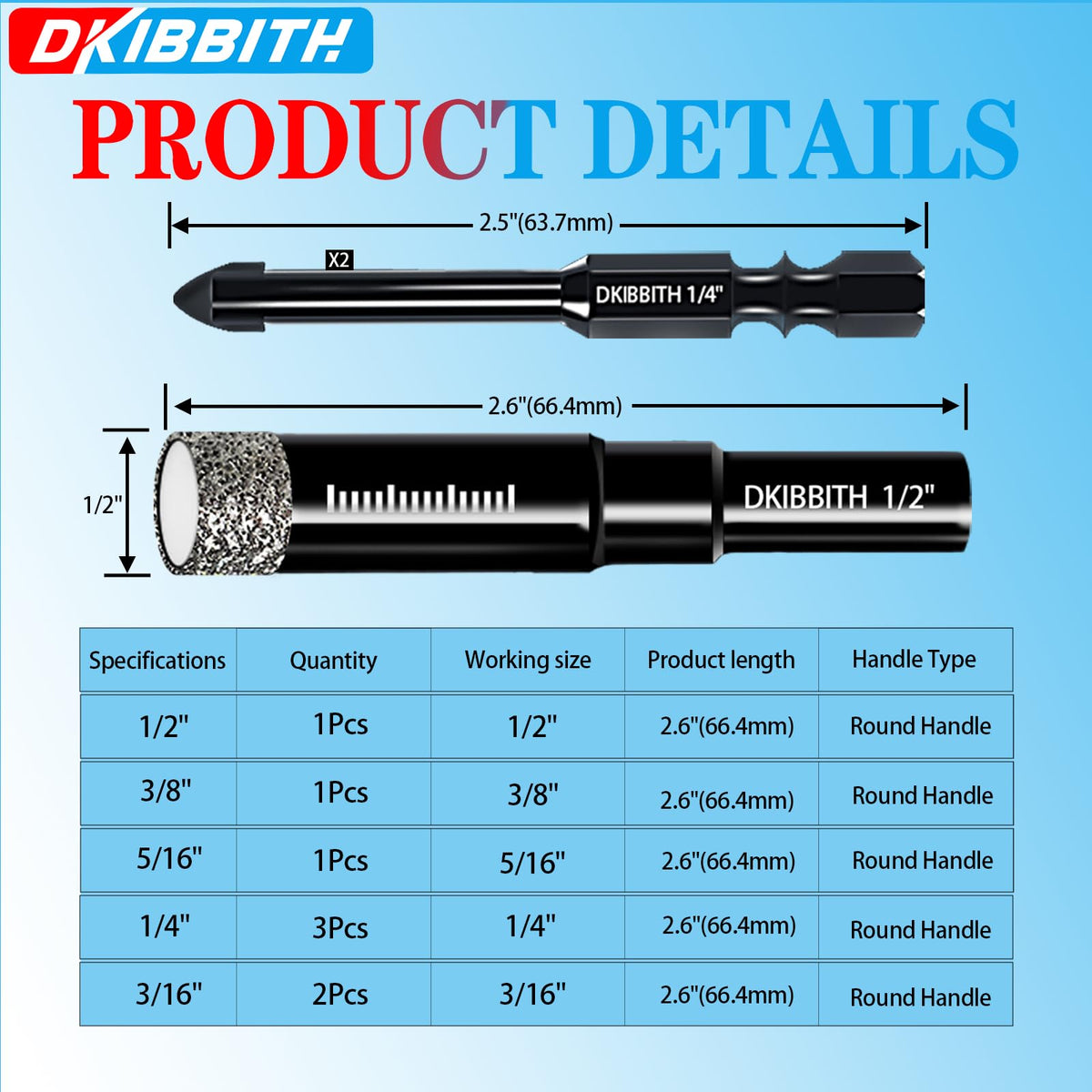 DKIBBITH dry diamond drill bit 3-16 round shank for clean tile holes.
