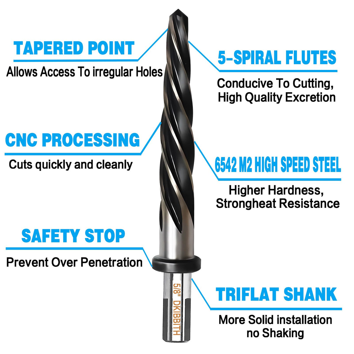 DKIBBITH five-flute reamer provides smooth cutting and debris removal.