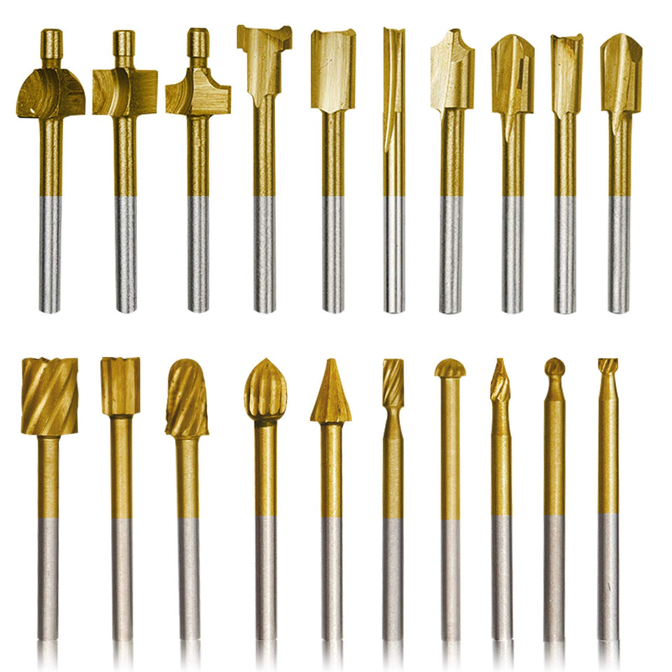 DKIBBITH HSS router bits with titanium coating close-up show durable cutting edges.