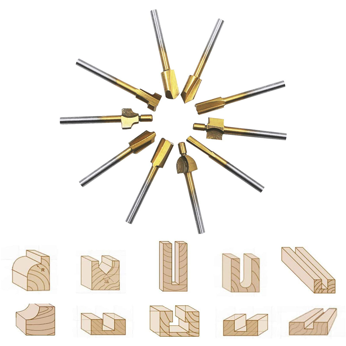 DKIBBITH router bits with 1/8in shank (3mm) close-up highlighting shank size.