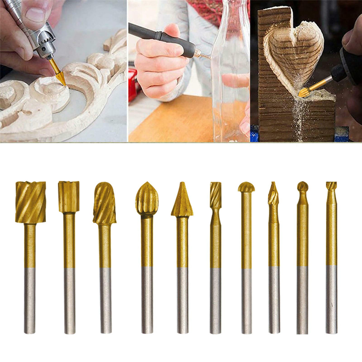 DKIBBITH router bits variety lineup displaying different bit types for carving.