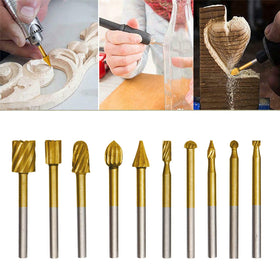DKIBBITH router bits variety lineup displaying different bit types for carving.
