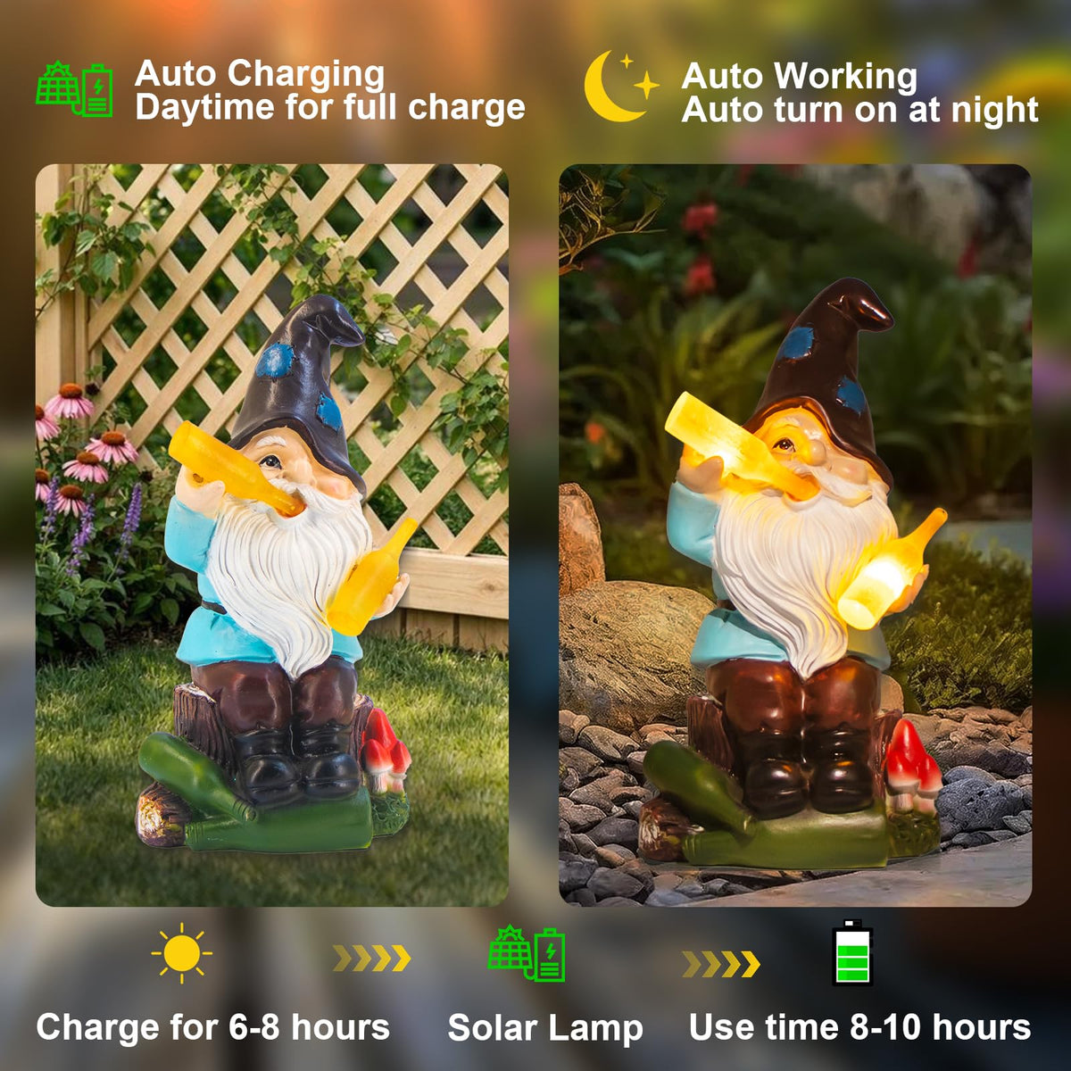 DKJOCKY Gnome lit at dusk creates gentle evening glow.