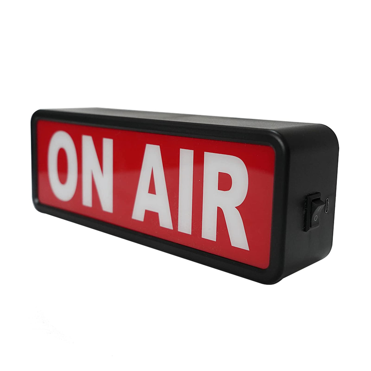 DMKYDM On Air sign front view with glowing LED for studio ambiance.