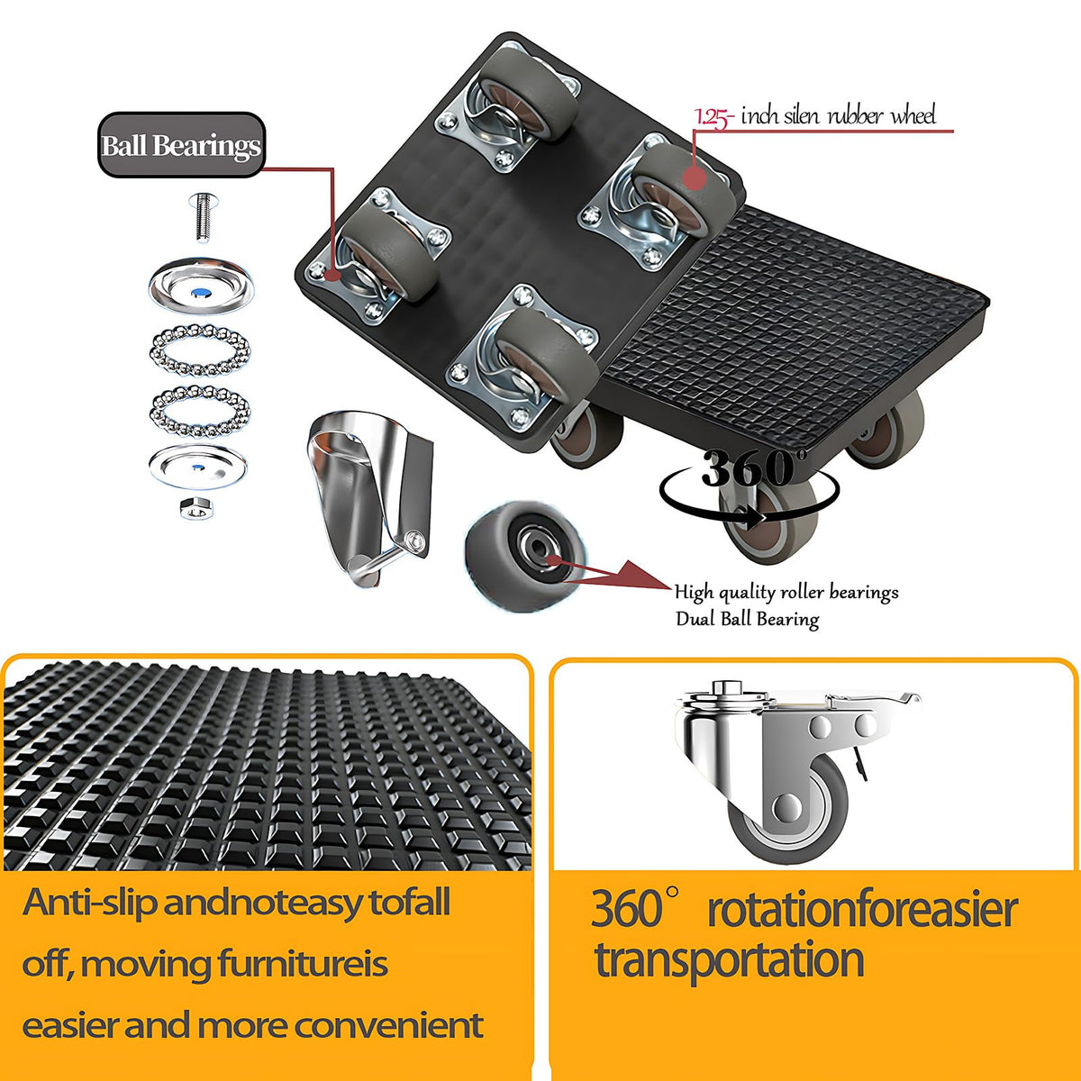 DMLENGOIN furniture dolly with 360-degree rotation facilitates easy repositioning.