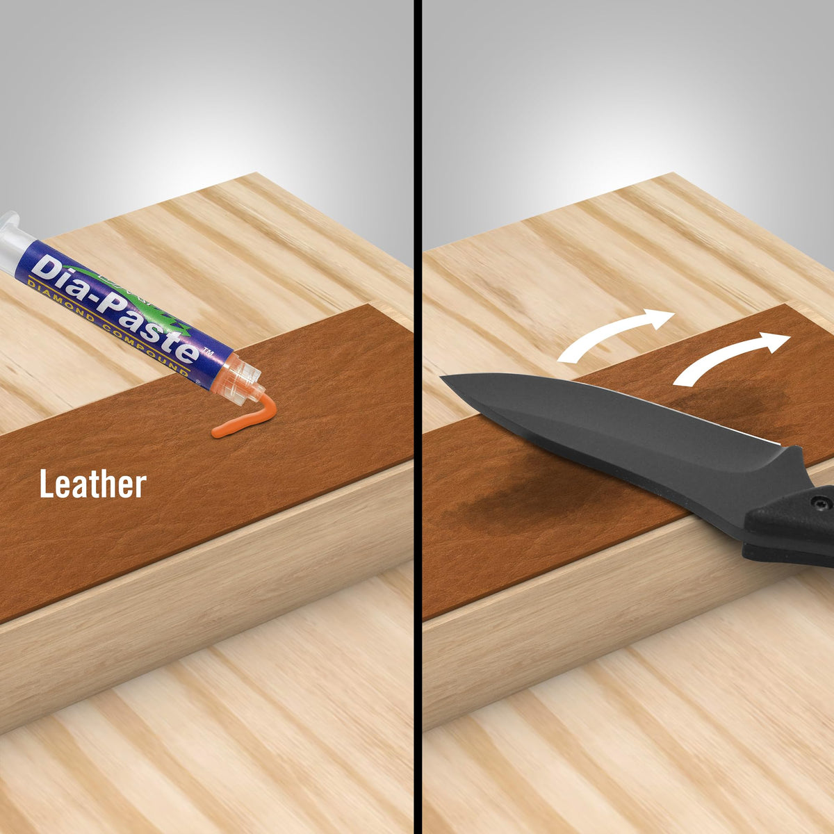 DMT Dia-Paste on flat surface enables controlled edge sharpening.