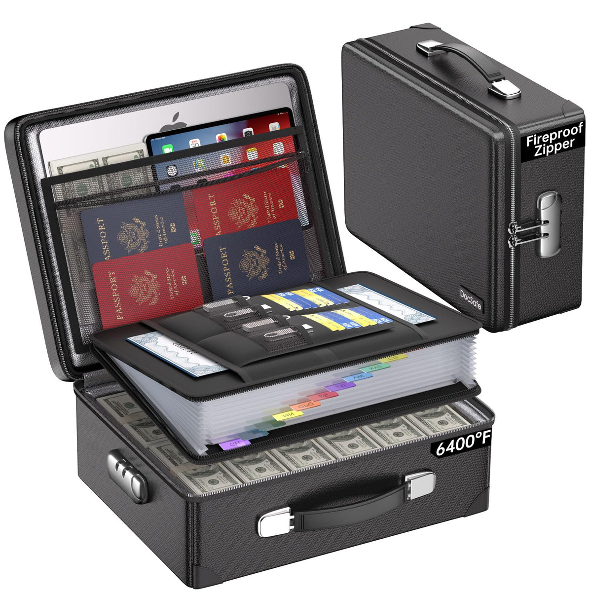 DocSafe 6400°F fireproof box with lock protects essential documents during emergencies.